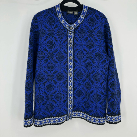 Vintage LL Bean Womens M Cardigan Sweater Wool Blue White Nordic Scandinavian - Picture 10 of 10